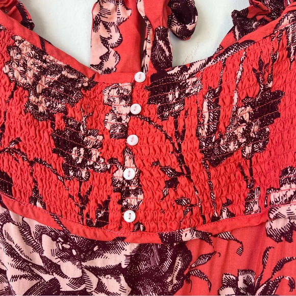 NWT by Anthropologie Puff Sleeve Smocked Midi Long Dress Coral Floral - Picture 4 of 10
